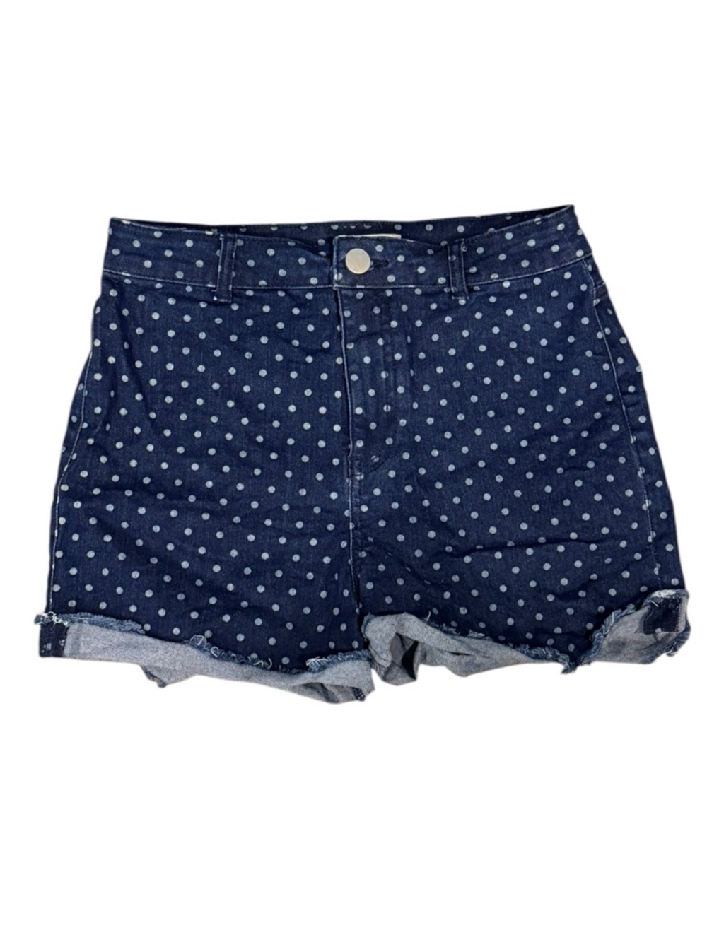 Altar'd State Navy Polka Dot High Rise Denim Shorts Rolled Cuff Frayed Sz 5